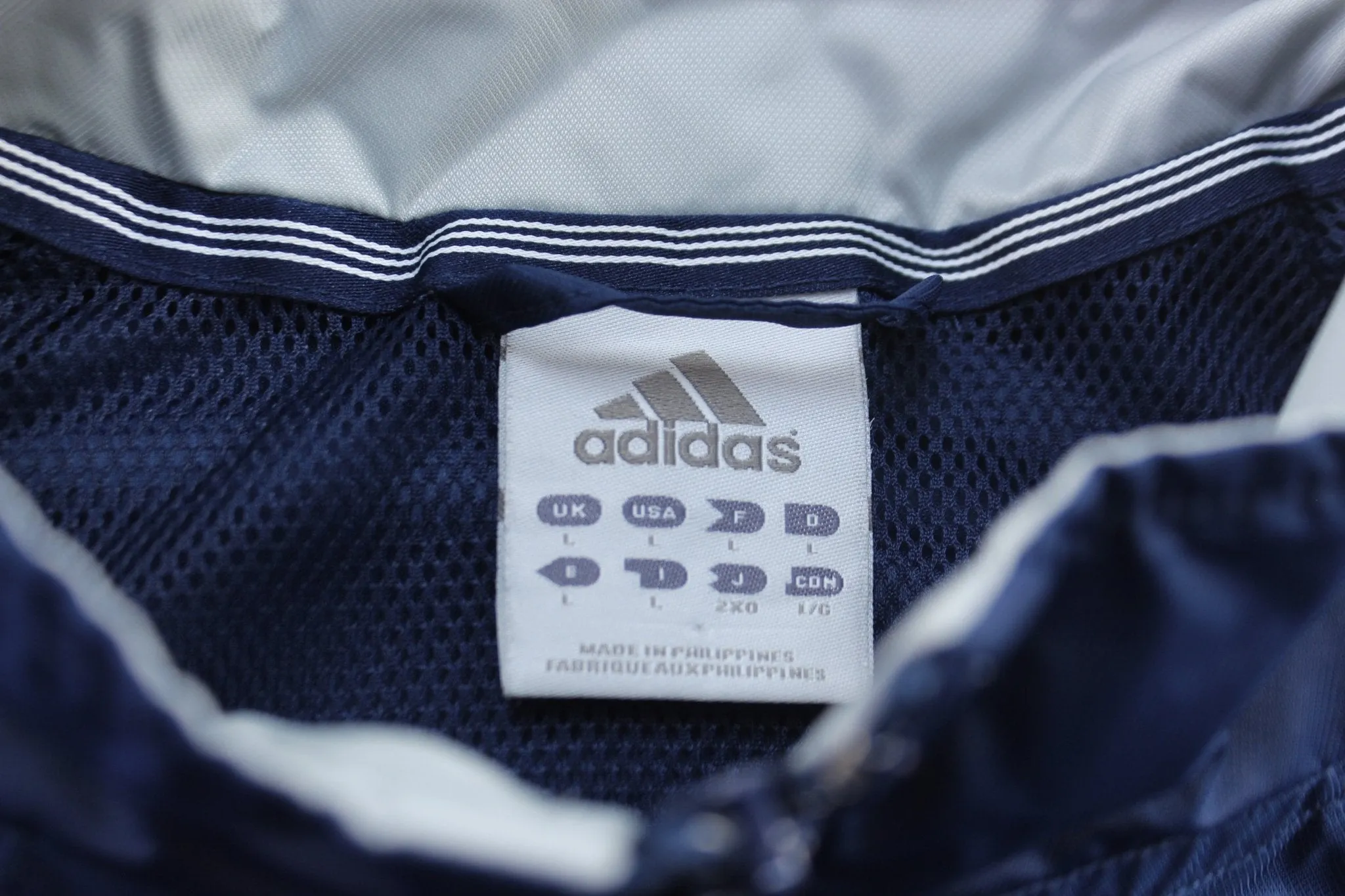 Adidas Embroidered Logo Blue, Grey, & White Striped Zip Up Jacket