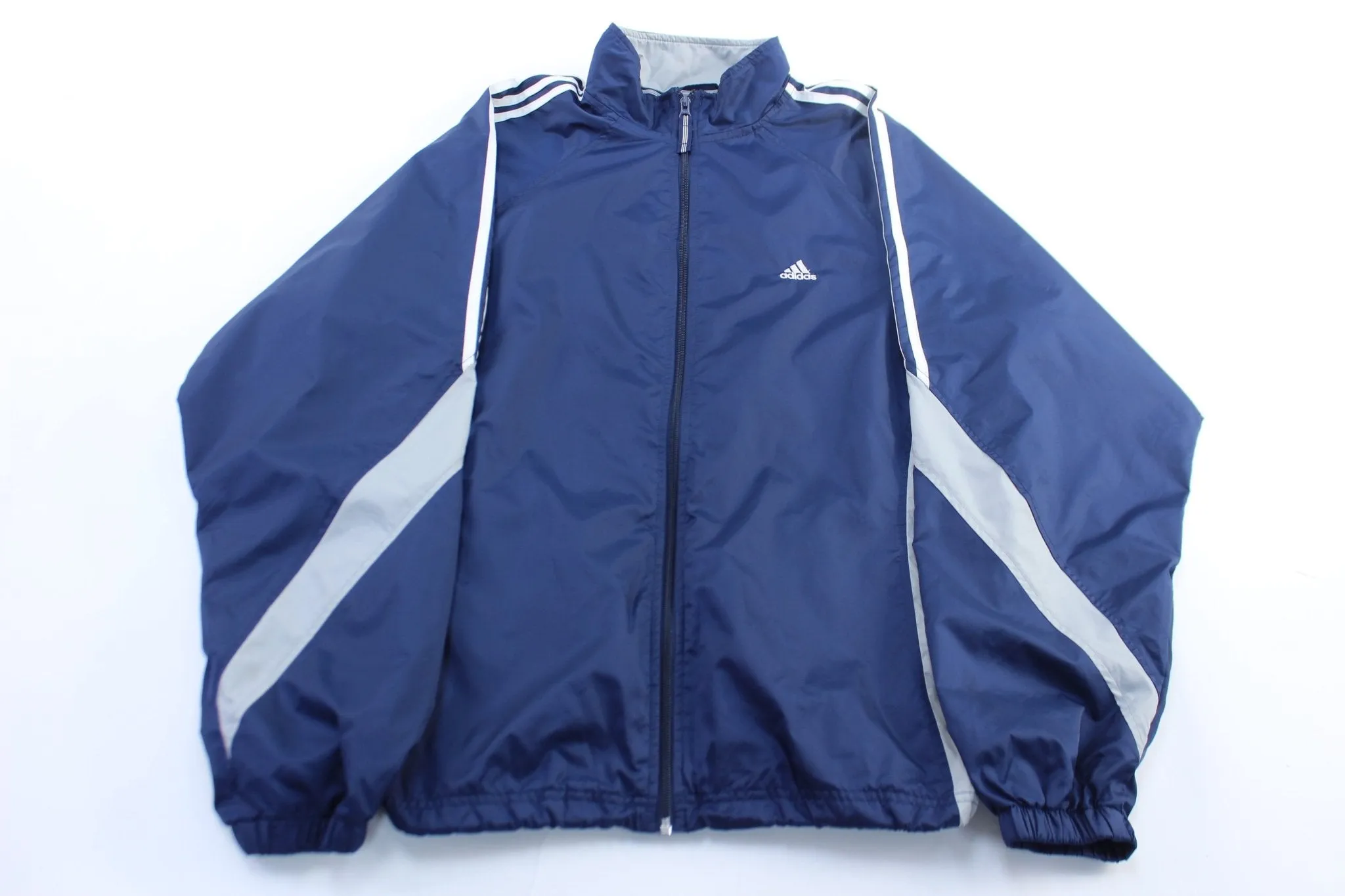 Adidas Embroidered Logo Blue, Grey, & White Striped Zip Up Jacket