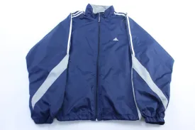 Adidas Embroidered Logo Blue, Grey, & White Striped Zip Up Jacket