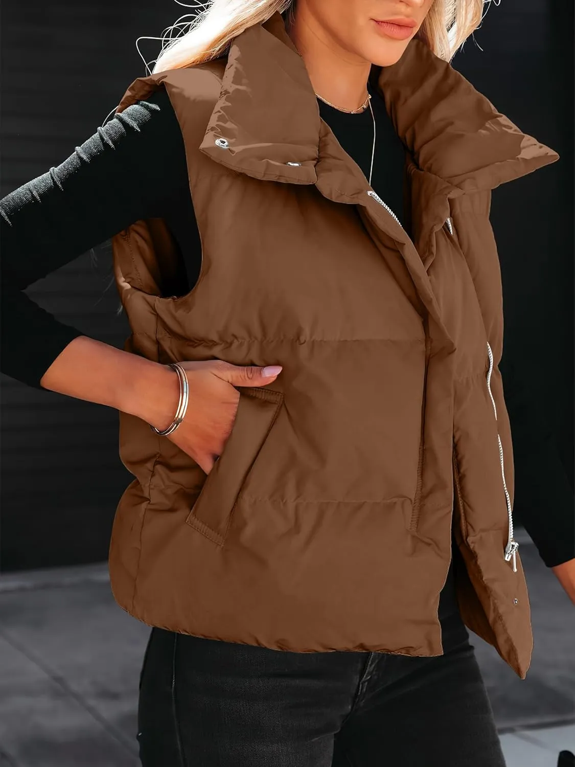 ANRABESS Women Puffer Vest Sleeveless Zip Up Stand Collar Quilted Lightweight Jacket Winter Warm Puffer Padded Down Outerwear