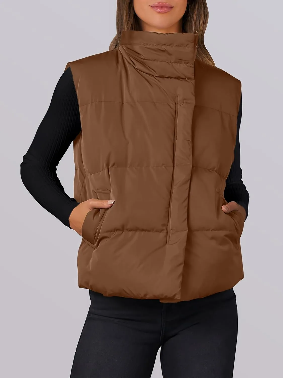 ANRABESS Women Puffer Vest Sleeveless Zip Up Stand Collar Quilted Lightweight Jacket Winter Warm Puffer Padded Down Outerwear