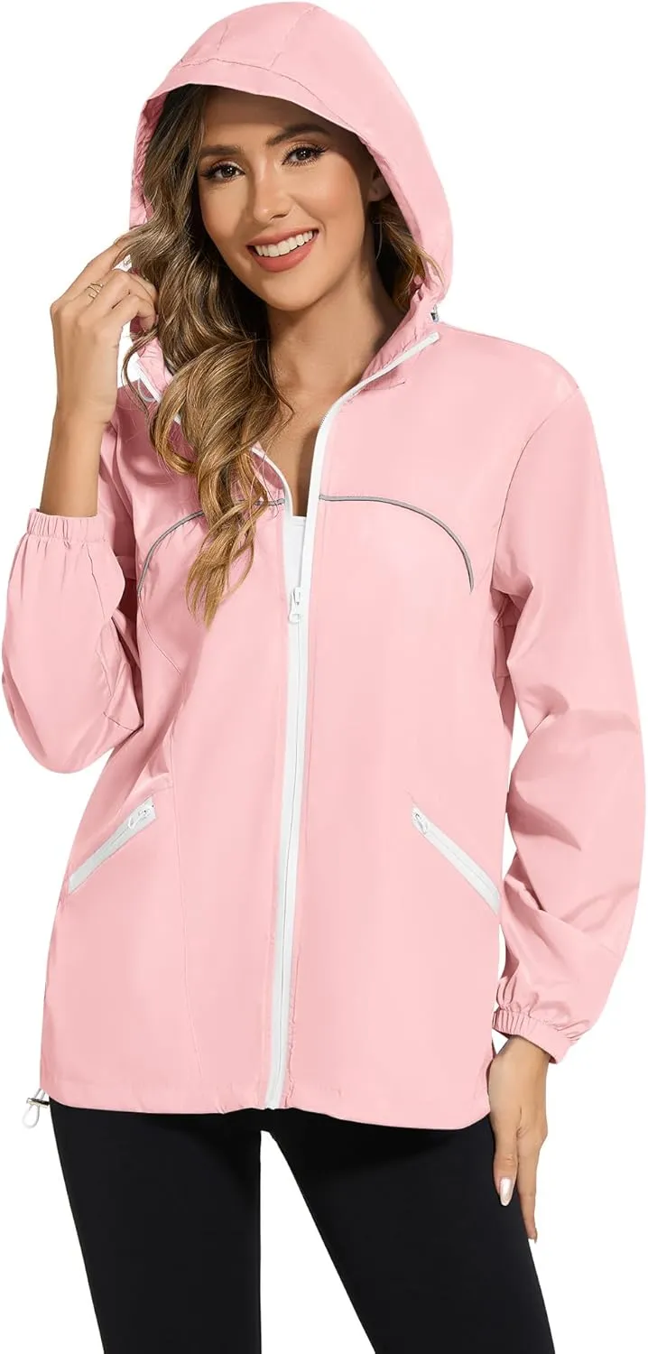 Avoogue Waterproof Jacket with Hood Packable Raincoats for Women Reflective Jacket Windbreaker