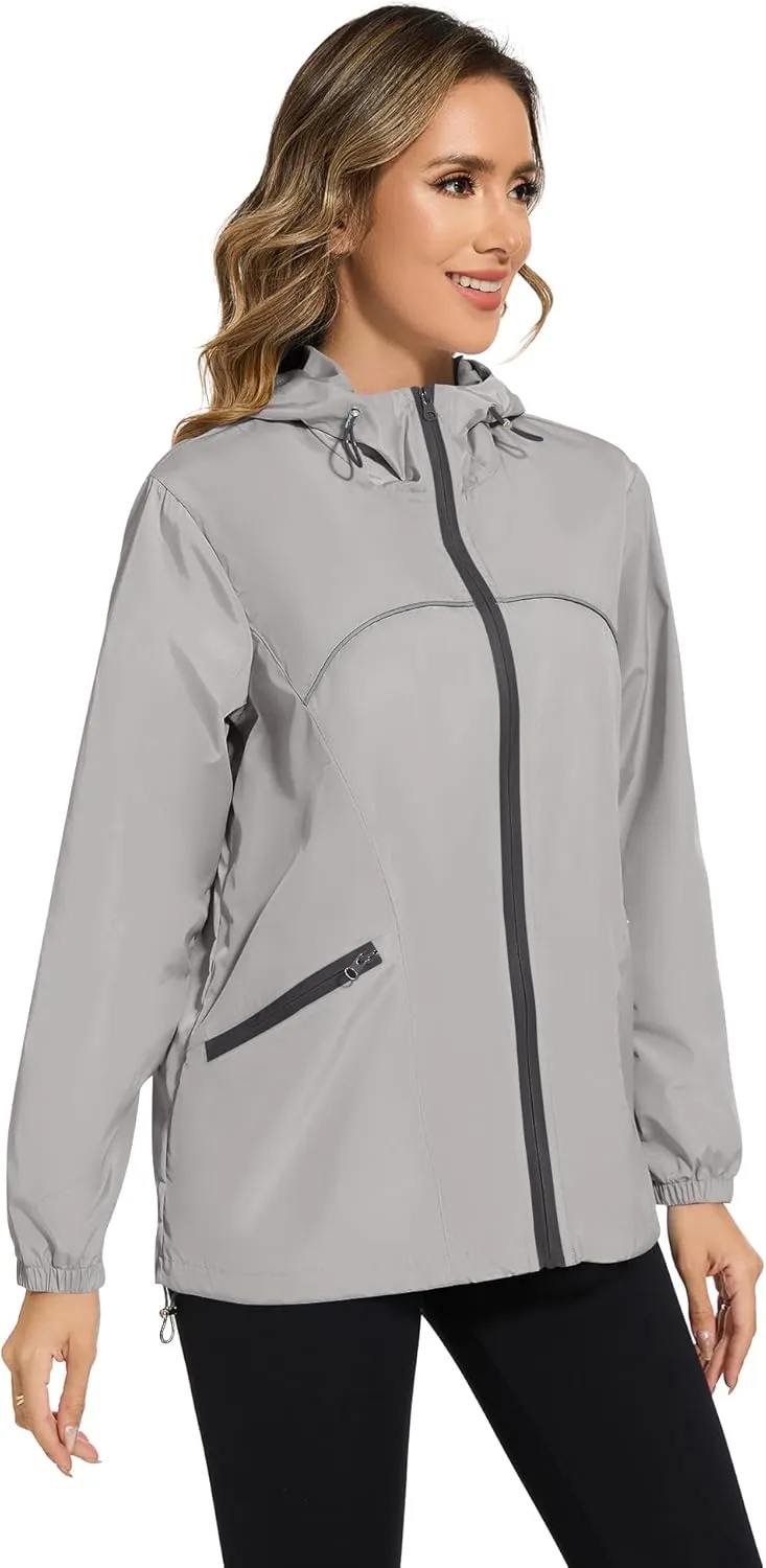 Avoogue Waterproof Jacket with Hood Packable Raincoats for Women Reflective Jacket Windbreaker