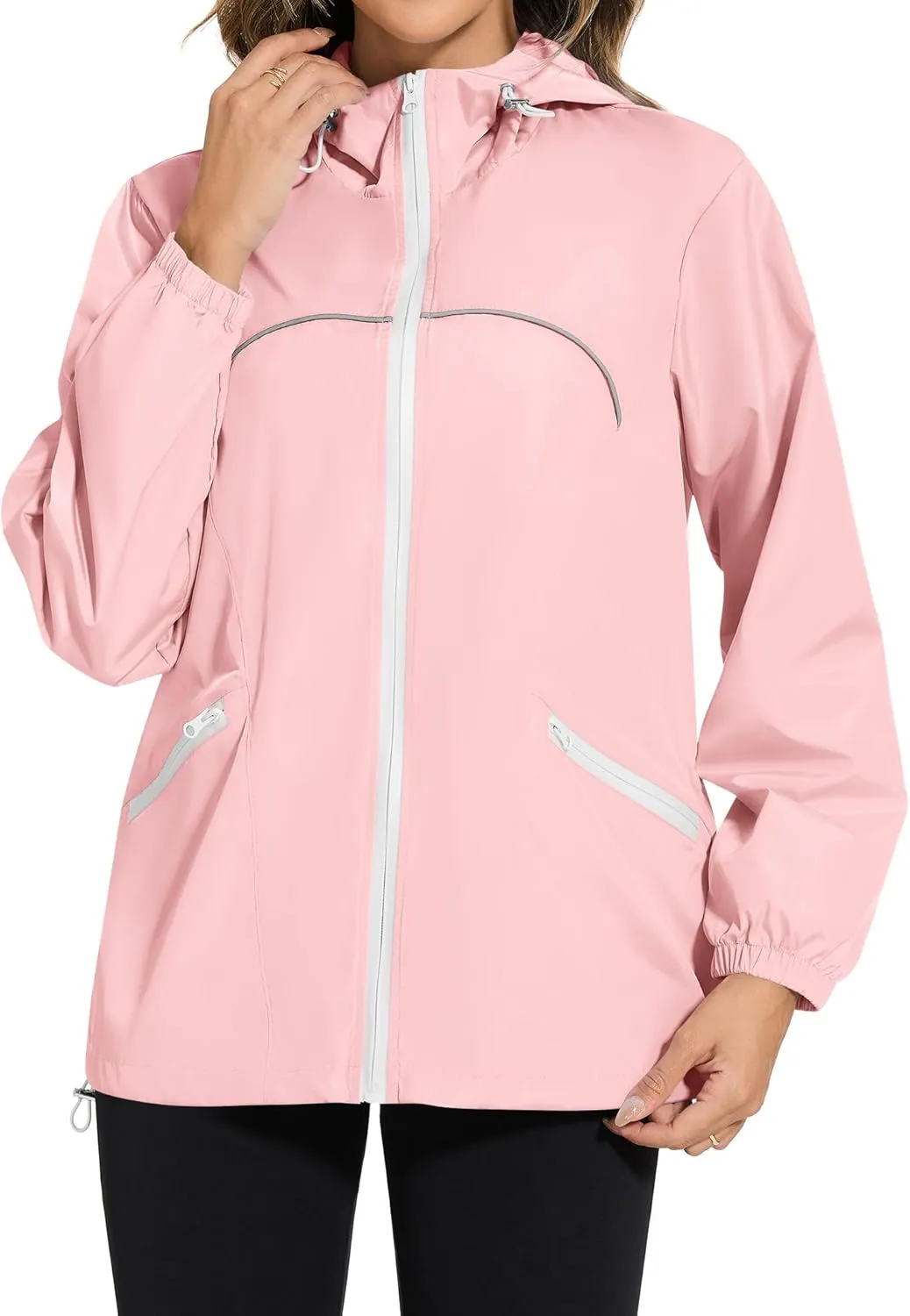Avoogue Waterproof Jacket with Hood Packable Raincoats for Women Reflective Jacket Windbreaker