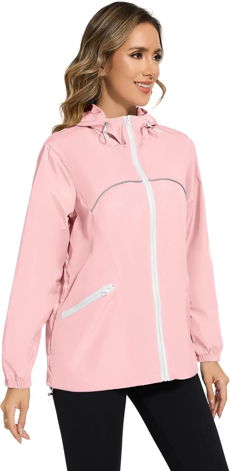 Avoogue Waterproof Jacket with Hood Packable Raincoats for Women Reflective Jacket Windbreaker