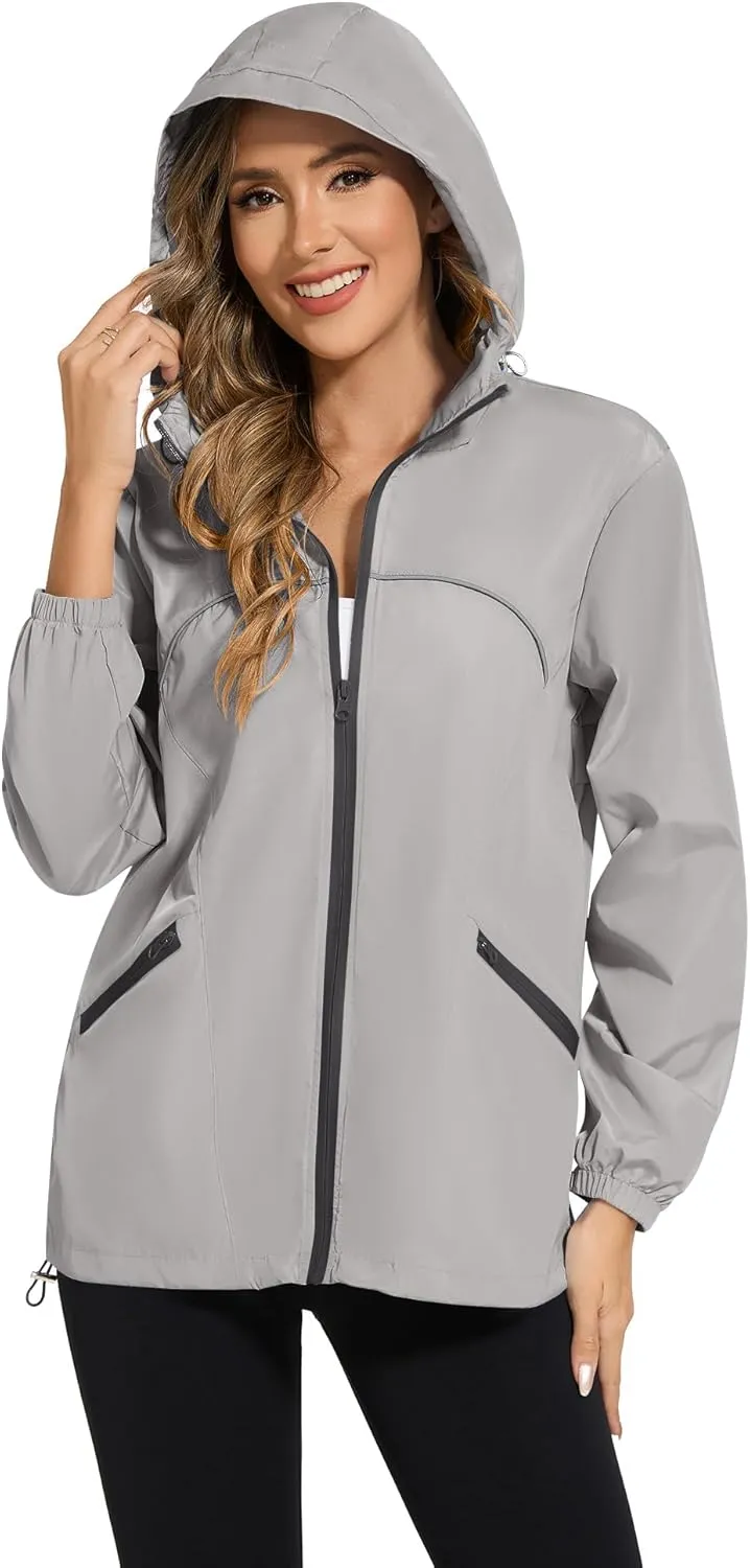 Avoogue Waterproof Jacket with Hood Packable Raincoats for Women Reflective Jacket Windbreaker