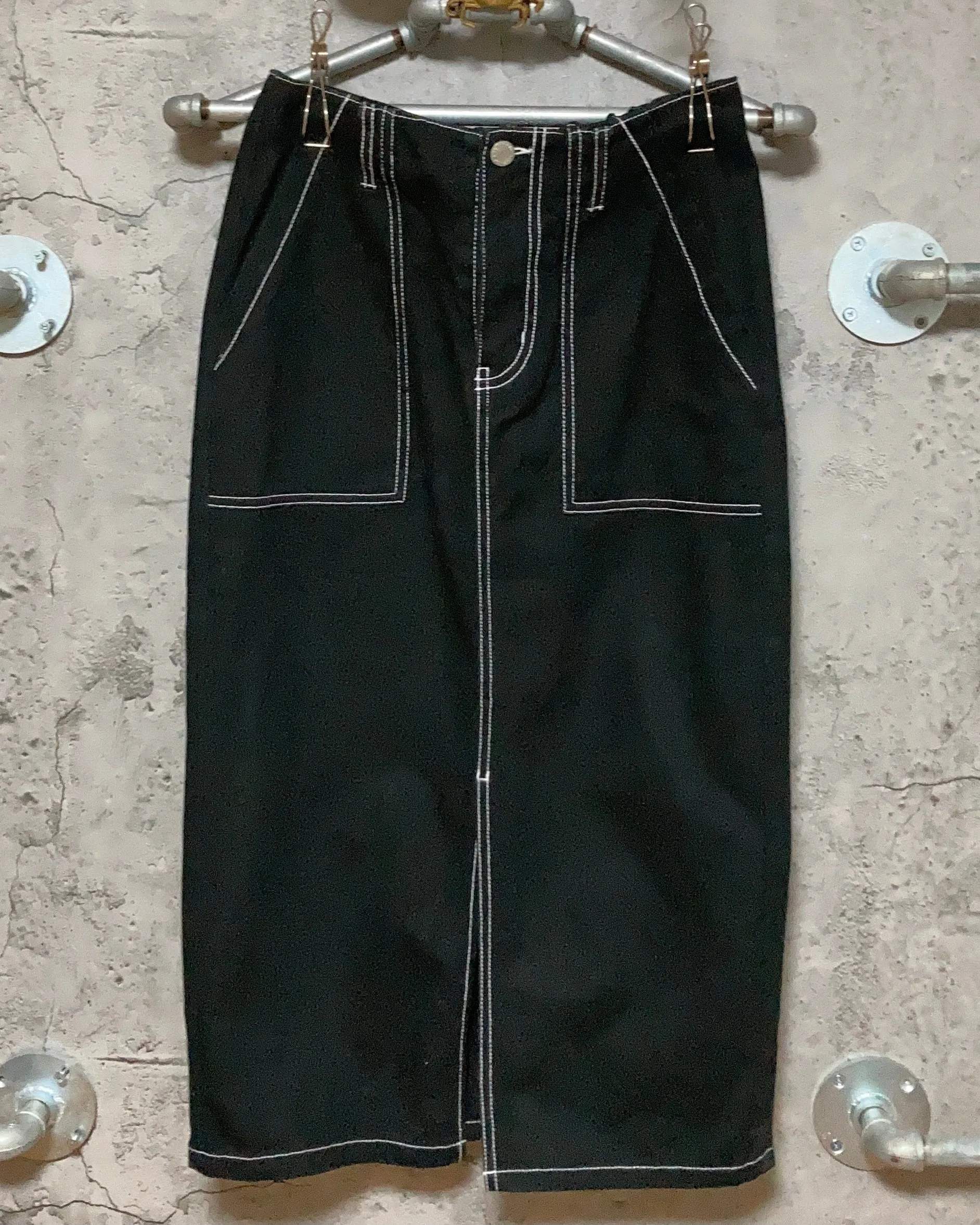 black denim long skirt white stitched