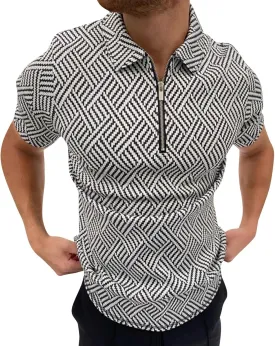 Burband Mens Fashion Short Sleeve Polo Shirts Big and Tall Zipper Dual Tipped Collar Slim Fit Paisley Floral Dad Shirts