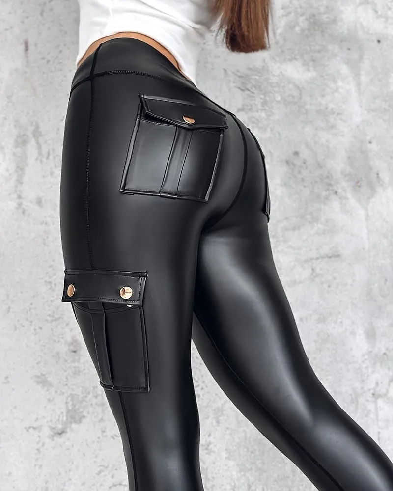 Chic Me Leather Pants for Women High Waist Cargo Pockets Stretch Pants Leather Leggings
