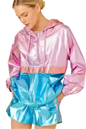 Color Block Hoodie Metallic Windbreaker