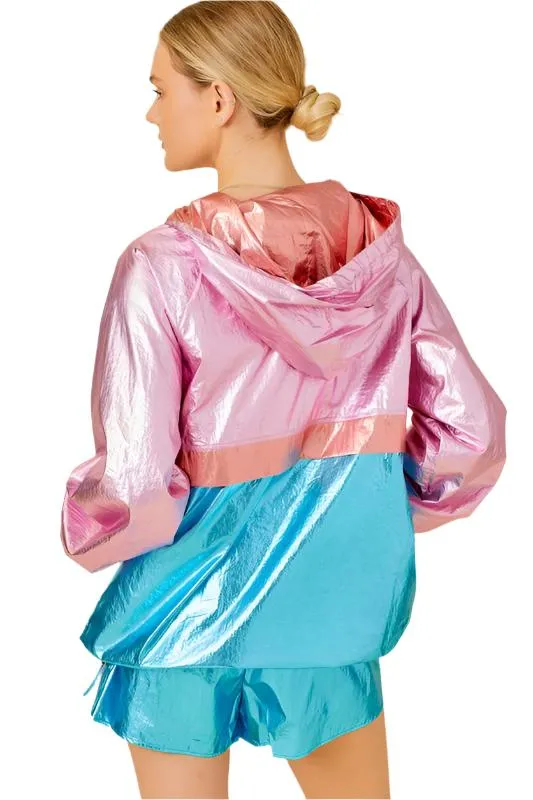 Color Block Hoodie Metallic Windbreaker