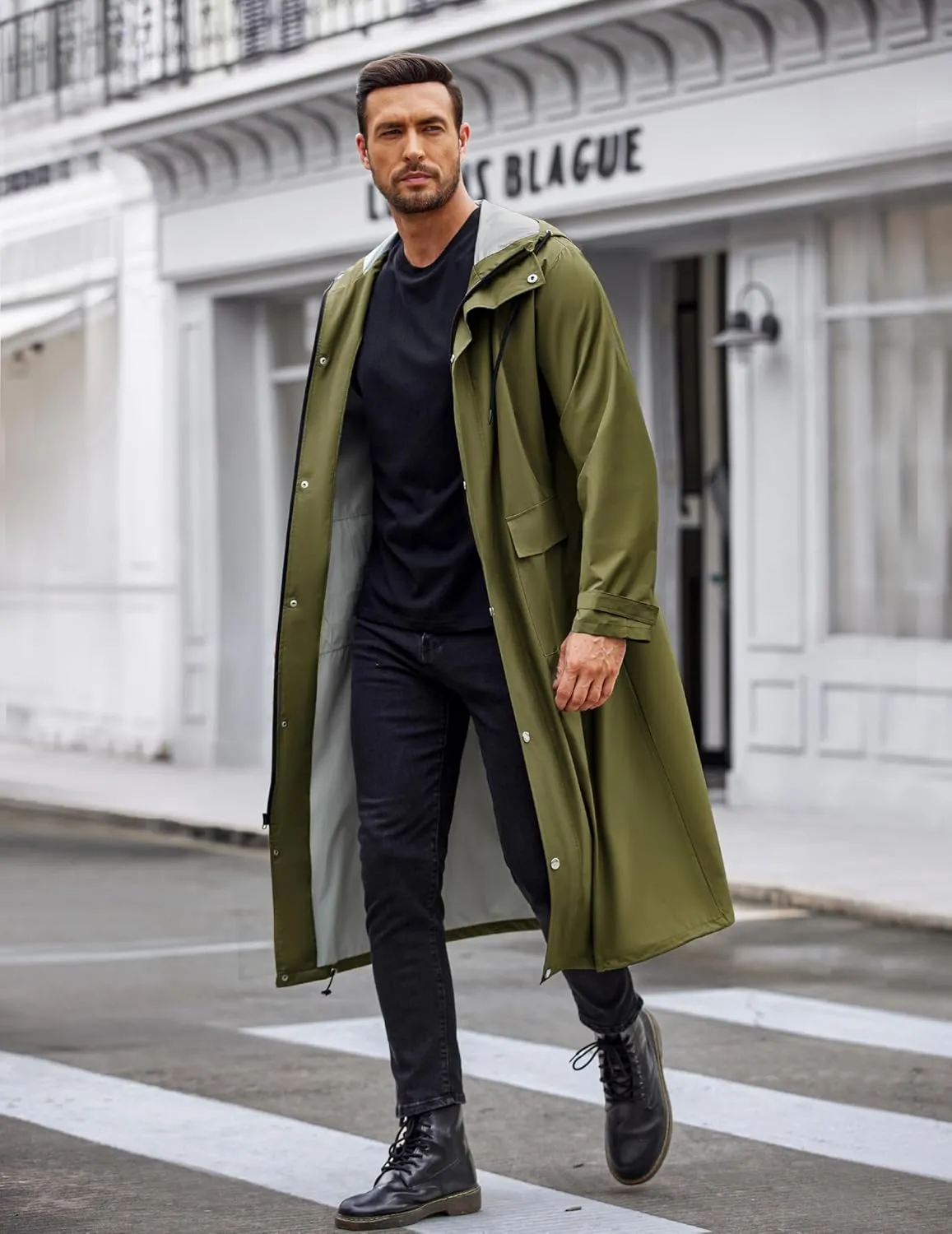 COOFANDY Men's Rain Jacket with Hood Waterproof Lightweight Active Long Raincoat