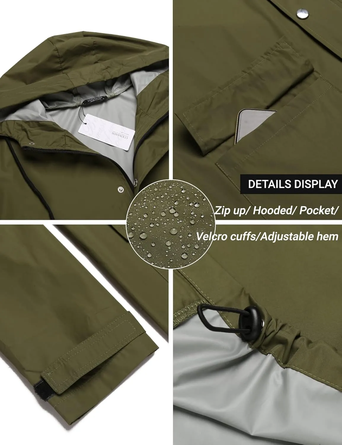 COOFANDY Men's Rain Jacket with Hood Waterproof Lightweight Active Long Raincoat