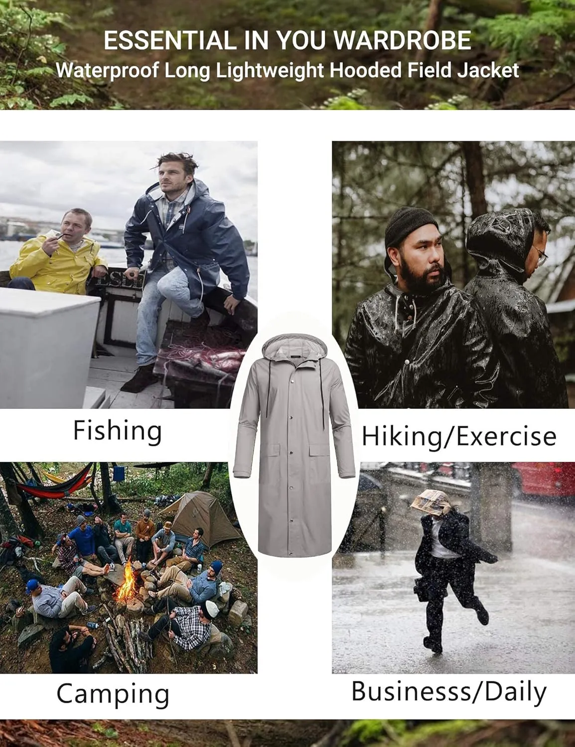 COOFANDY Men's Rain Jacket with Hood Waterproof Lightweight Active Long Raincoat