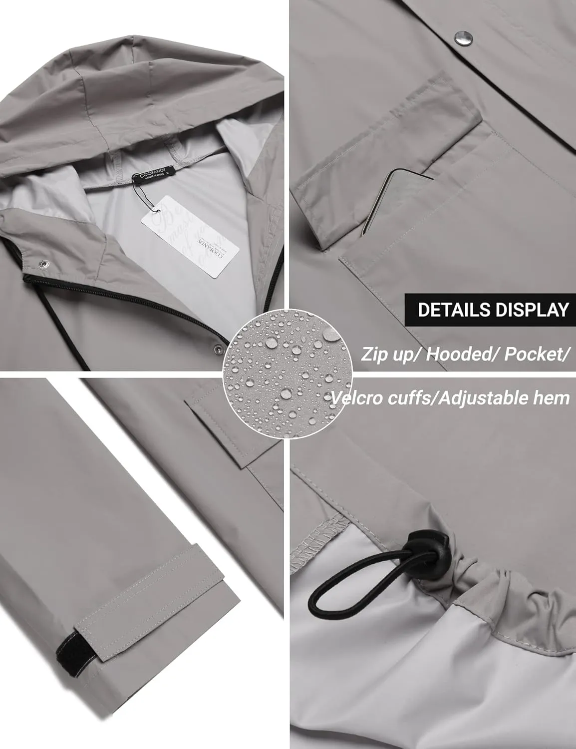 COOFANDY Men's Rain Jacket with Hood Waterproof Lightweight Active Long Raincoat