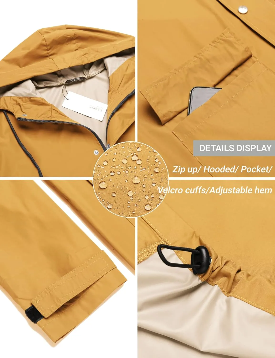 COOFANDY Men's Rain Jacket with Hood Waterproof Lightweight Active Long Raincoat