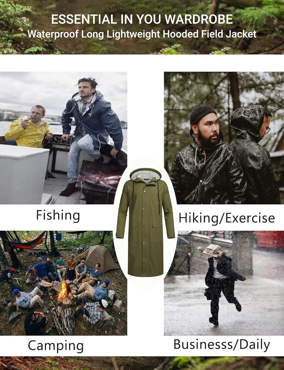 COOFANDY Men's Rain Jacket with Hood Waterproof Lightweight Active Long Raincoat