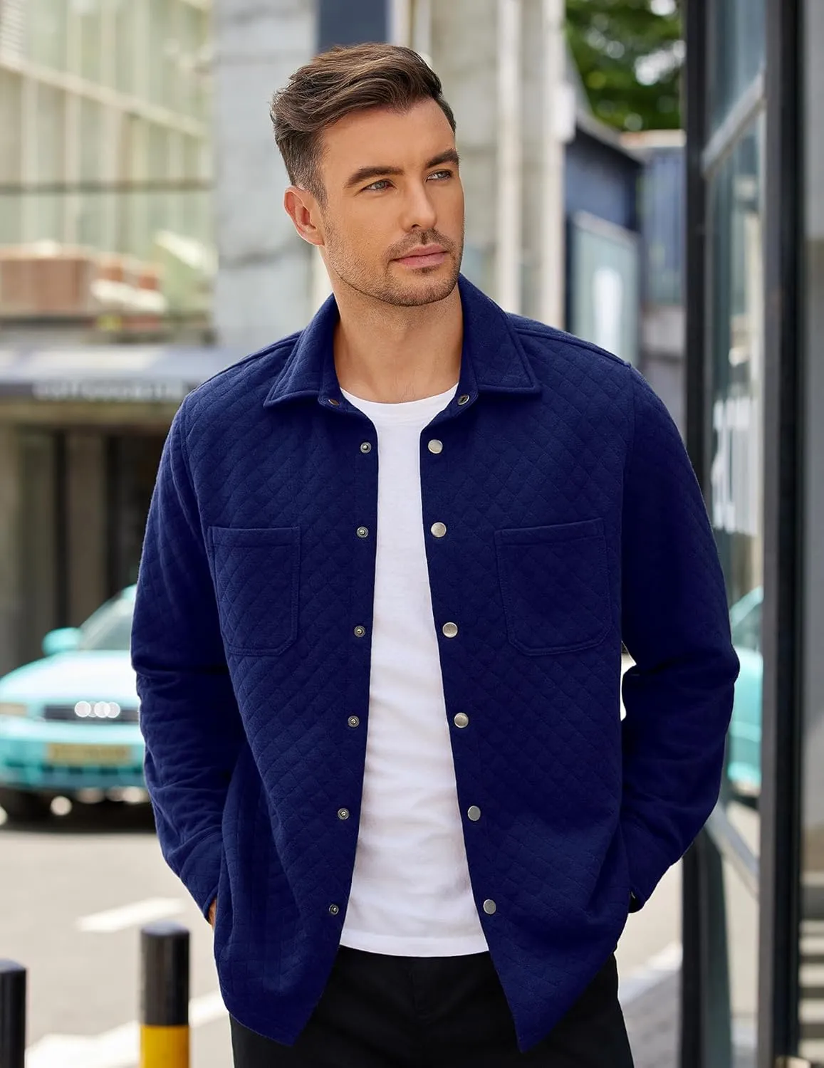 COOFANDY Mens Shacket Long Sleeve Shirt Jacket with Pockets Lightweight Quilted Overshirt