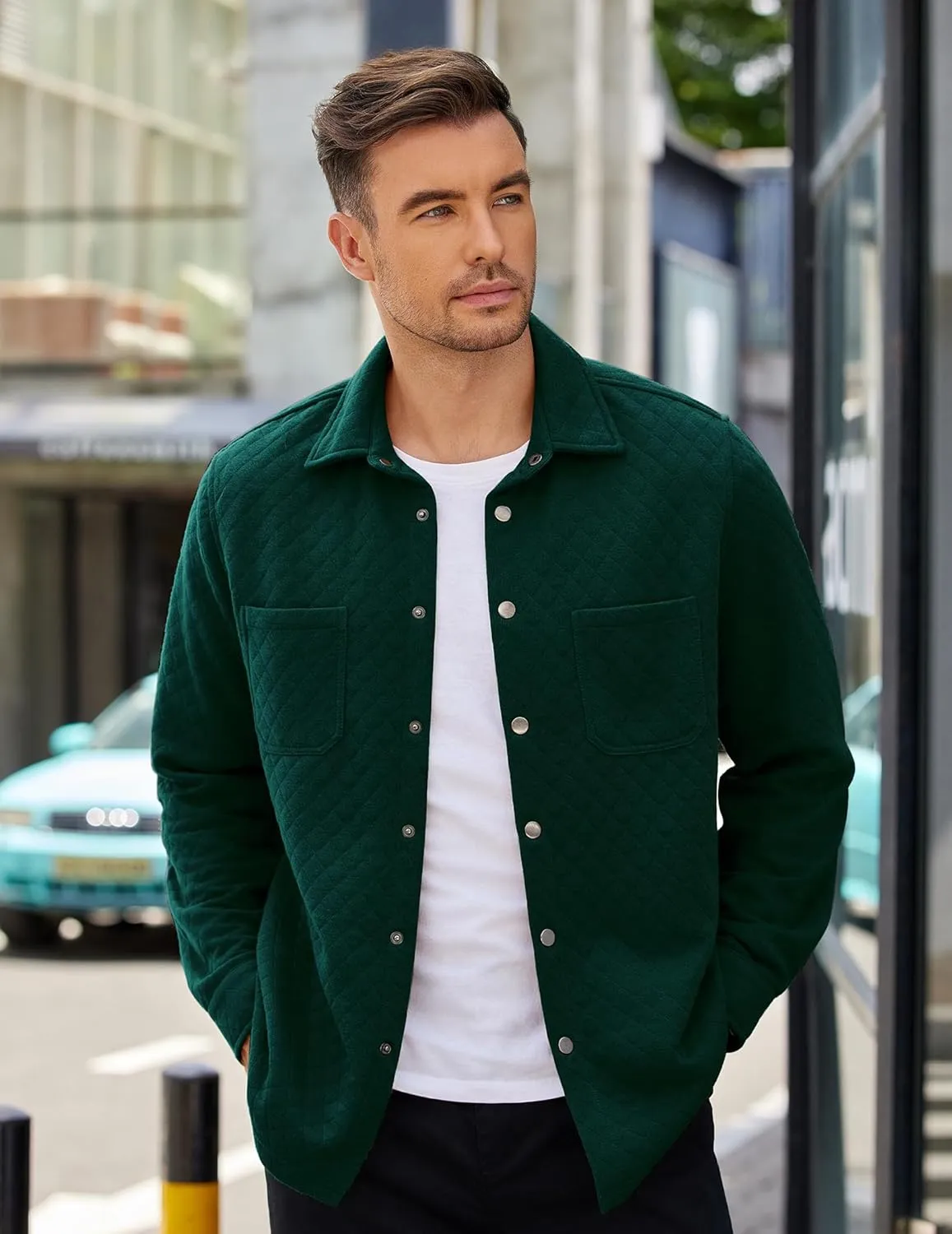 COOFANDY Mens Shacket Long Sleeve Shirt Jacket with Pockets Lightweight Quilted Overshirt