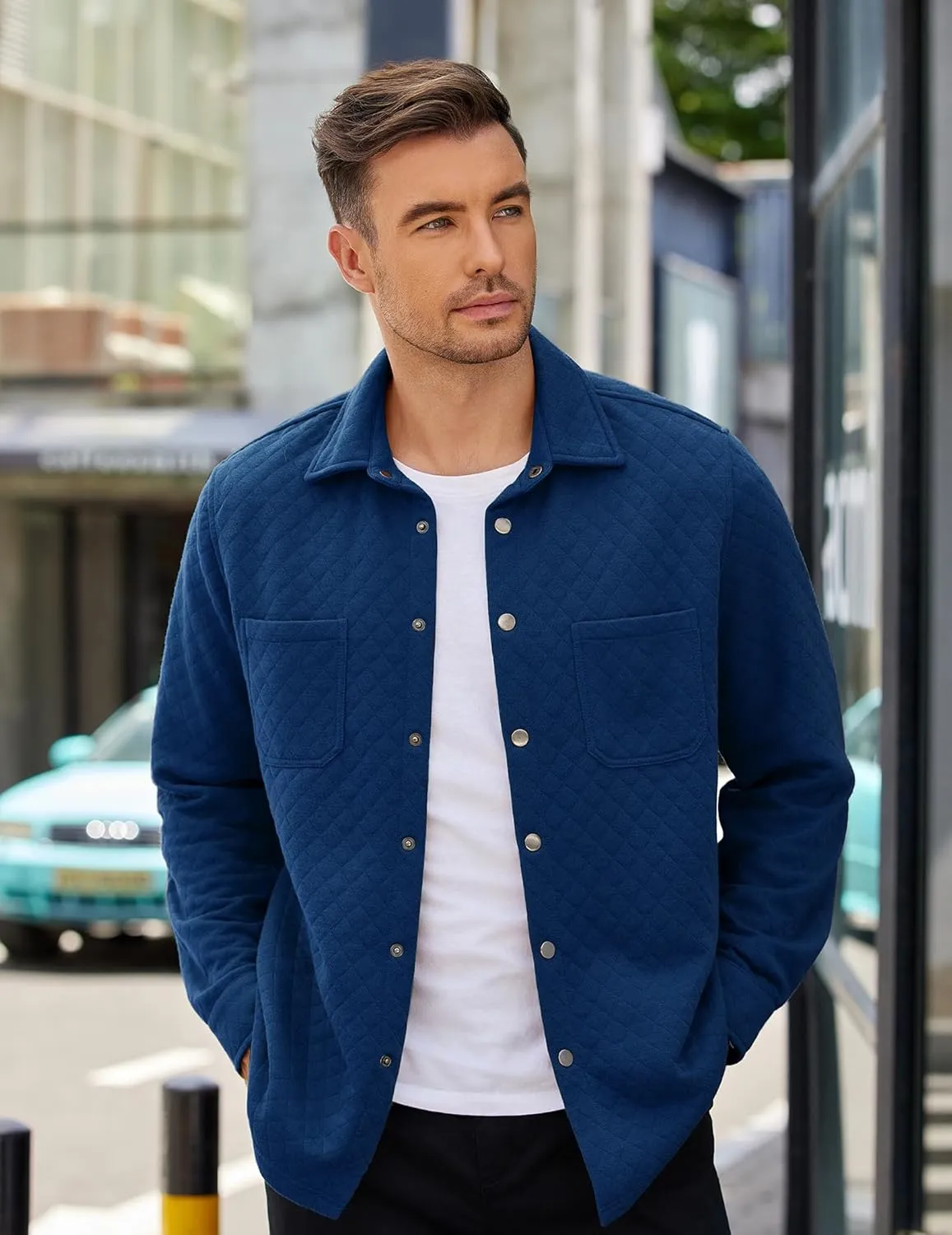 COOFANDY Mens Shacket Long Sleeve Shirt Jacket with Pockets Lightweight Quilted Overshirt