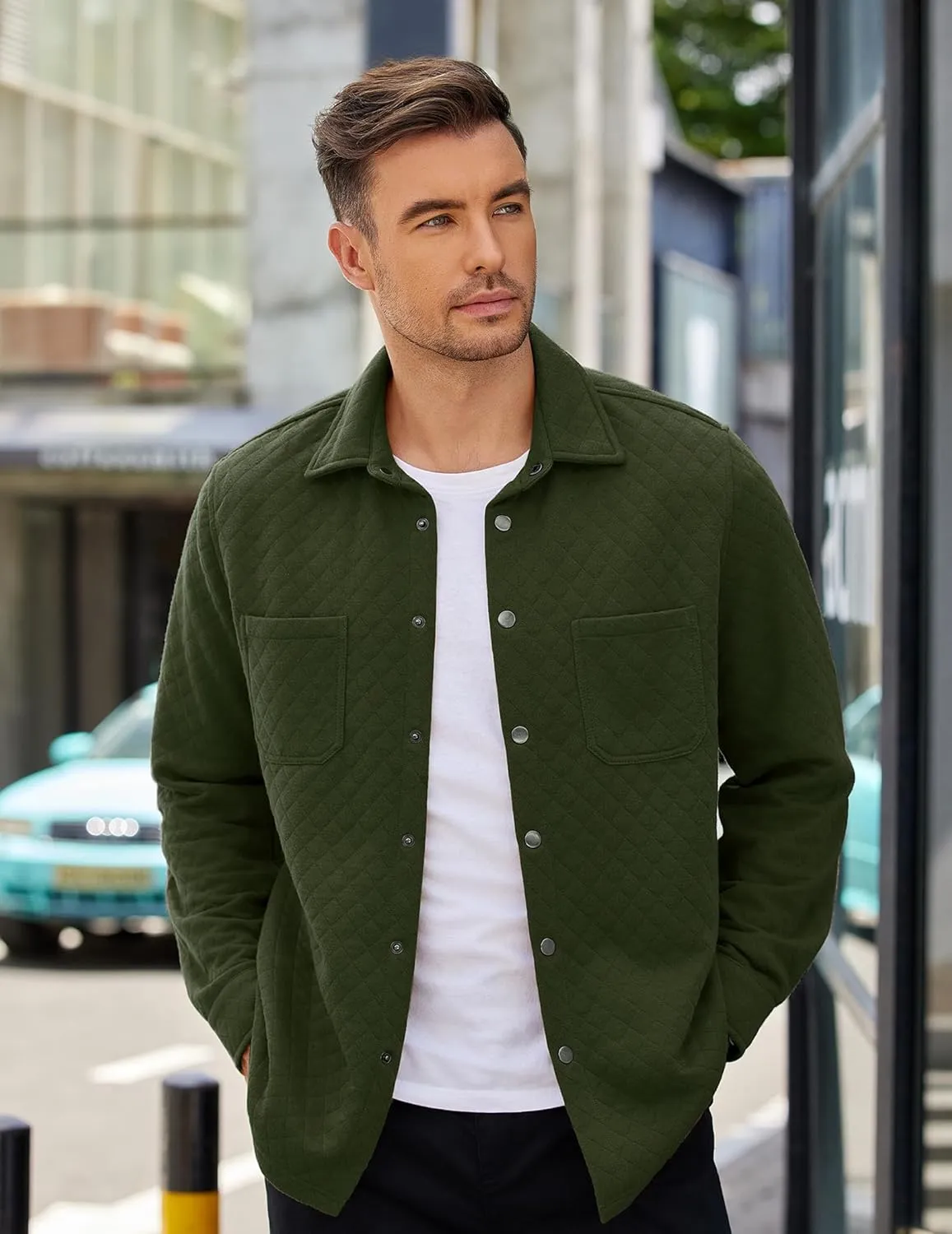 COOFANDY Mens Shacket Long Sleeve Shirt Jacket with Pockets Lightweight Quilted Overshirt