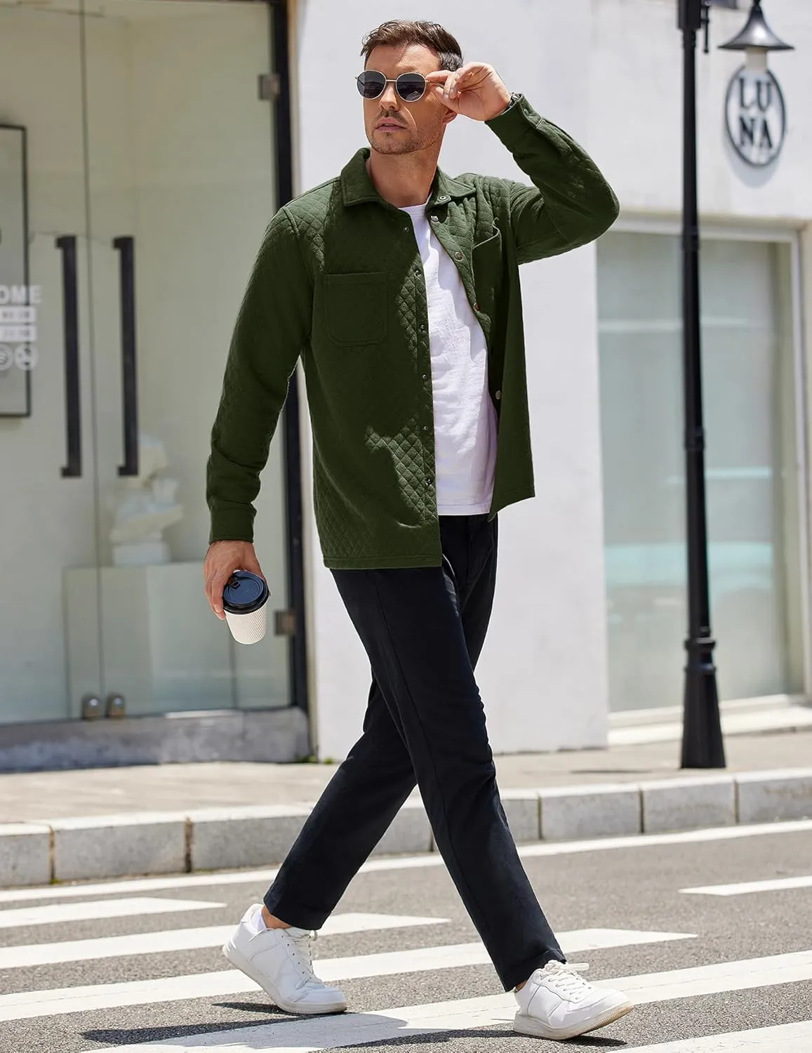 COOFANDY Mens Shacket Long Sleeve Shirt Jacket with Pockets Lightweight Quilted Overshirt