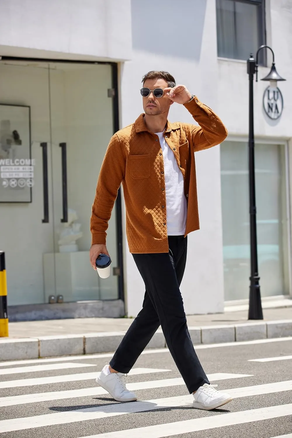COOFANDY Mens Shacket Long Sleeve Shirt Jacket with Pockets Lightweight Quilted Overshirt