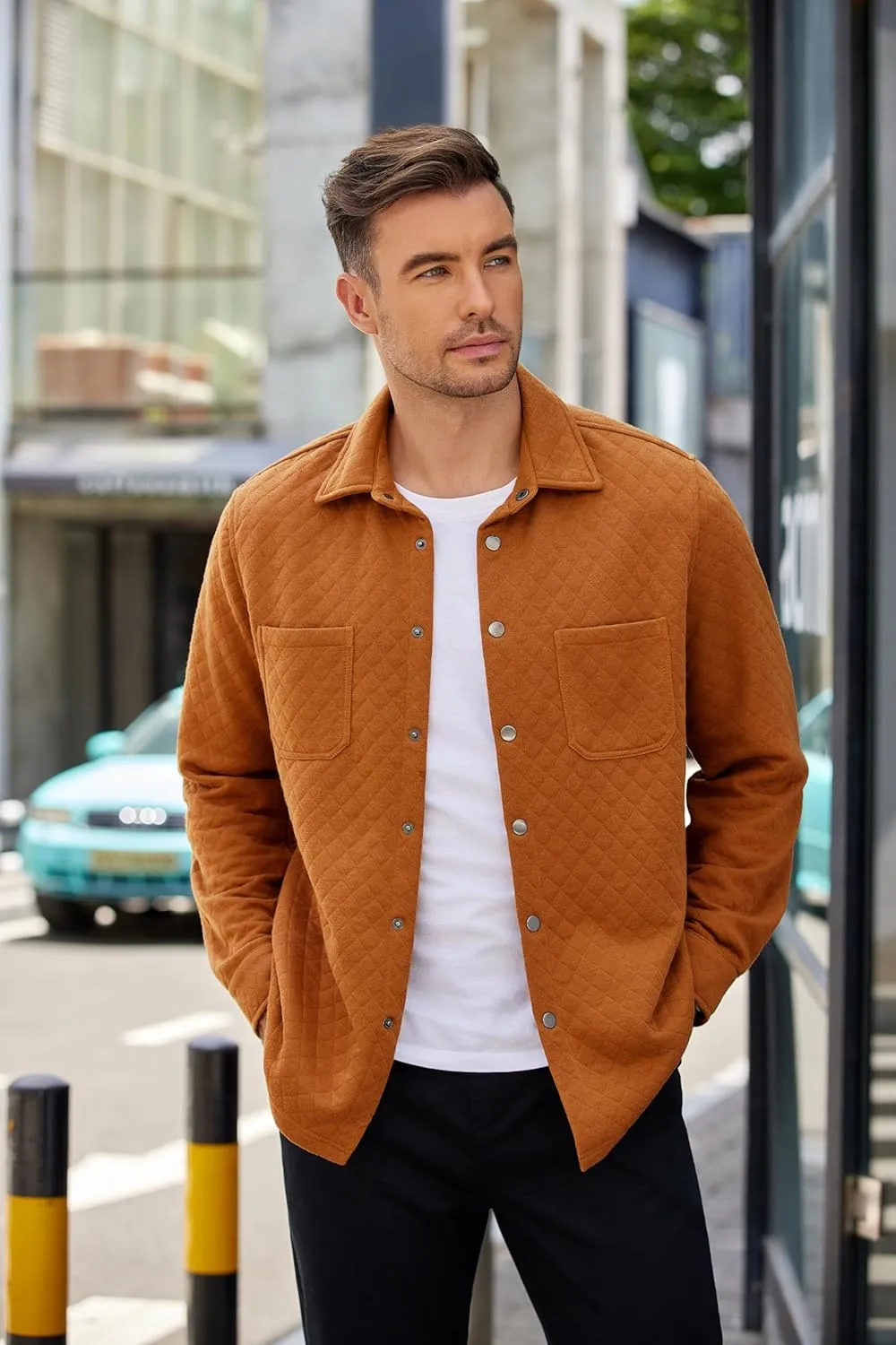 COOFANDY Mens Shacket Long Sleeve Shirt Jacket with Pockets Lightweight Quilted Overshirt