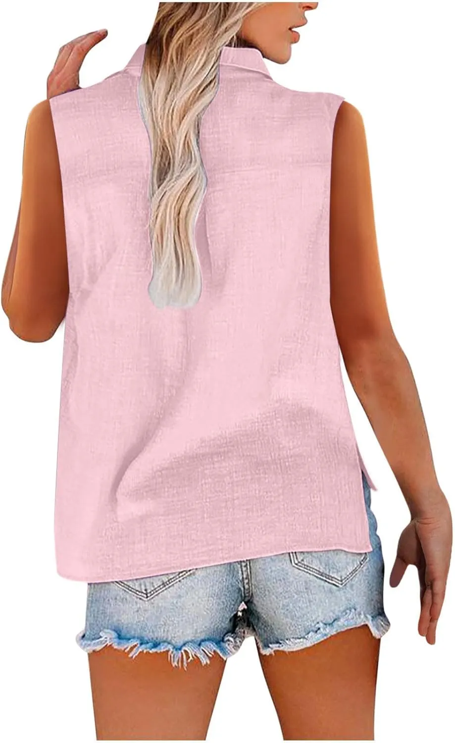 Cotton Linen Shirts for Women Sleeveless Collared Tops Oversized Button Up Blouses Work Shirts Casual Summer Tshirt