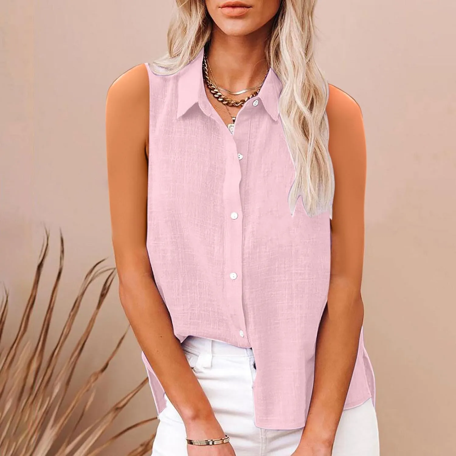 Cotton Linen Shirts for Women Sleeveless Collared Tops Oversized Button Up Blouses Work Shirts Casual Summer Tshirt