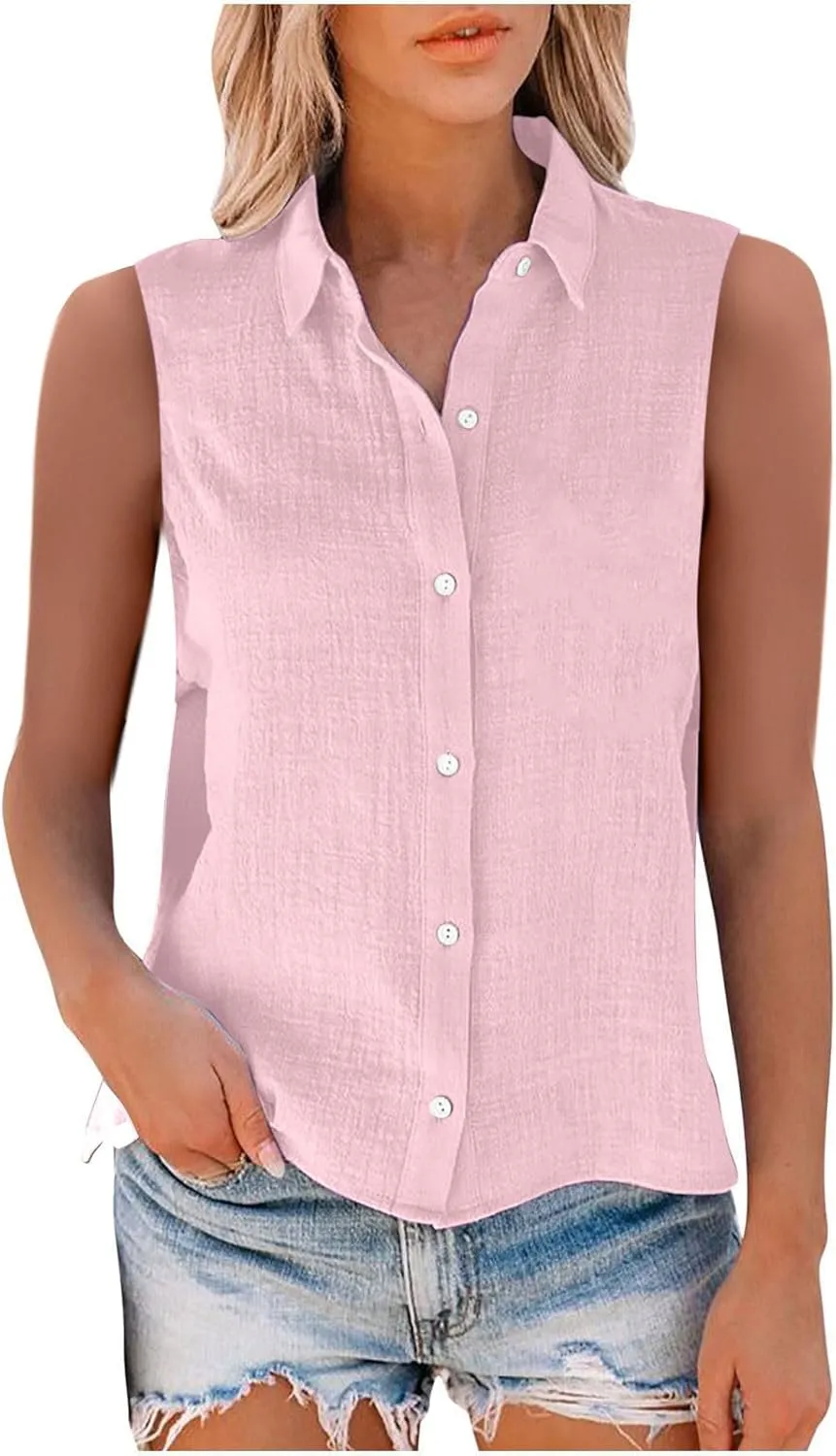 Cotton Linen Shirts for Women Sleeveless Collared Tops Oversized Button Up Blouses Work Shirts Casual Summer Tshirt