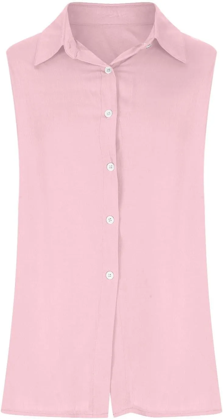 Cotton Linen Shirts for Women Sleeveless Collared Tops Oversized Button Up Blouses Work Shirts Casual Summer Tshirt
