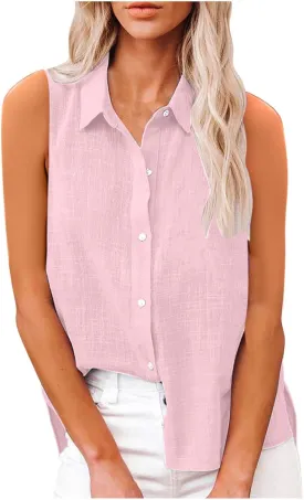 Cotton Linen Shirts for Women Sleeveless Collared Tops Oversized Button Up Blouses Work Shirts Casual Summer Tshirt
