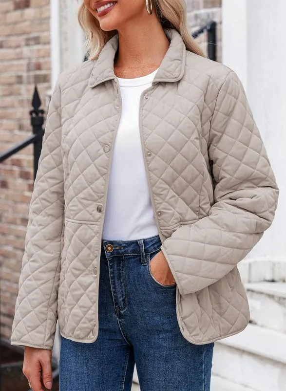 Dokotoo Women's Winter Quilted Jackets Long Sleeve Button Down Diamond Puffer Jacket Outerwear Coats with Pockets