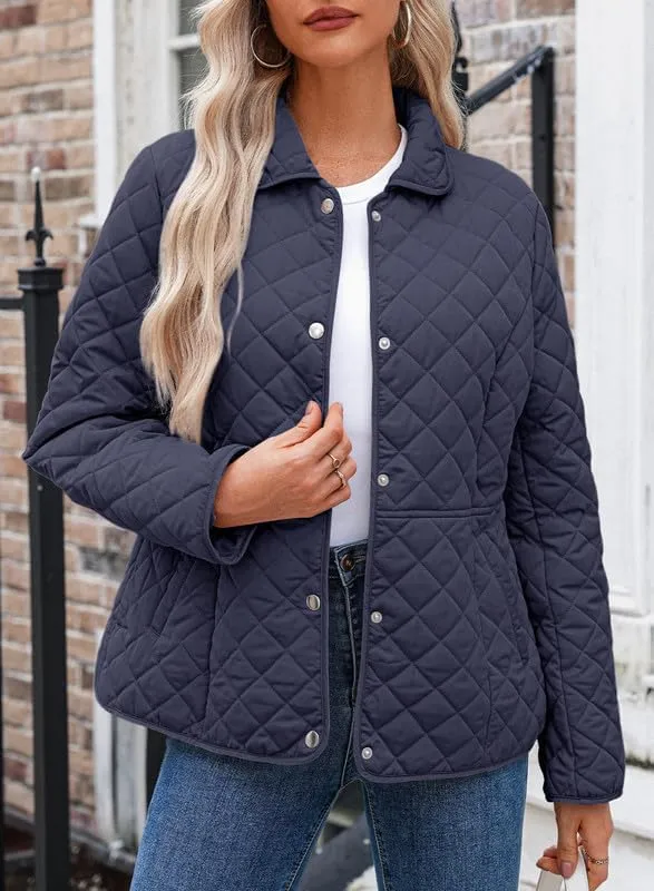 Dokotoo Women's Winter Quilted Jackets Long Sleeve Button Down Diamond Puffer Jacket Outerwear Coats with Pockets