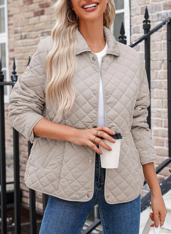 Dokotoo Women's Winter Quilted Jackets Long Sleeve Button Down Diamond Puffer Jacket Outerwear Coats with Pockets