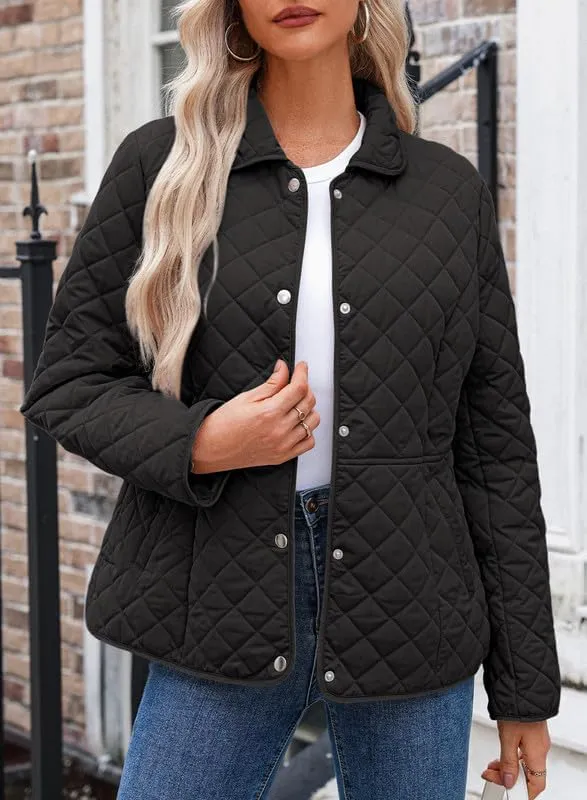Dokotoo Women's Winter Quilted Jackets Long Sleeve Button Down Diamond Puffer Jacket Outerwear Coats with Pockets