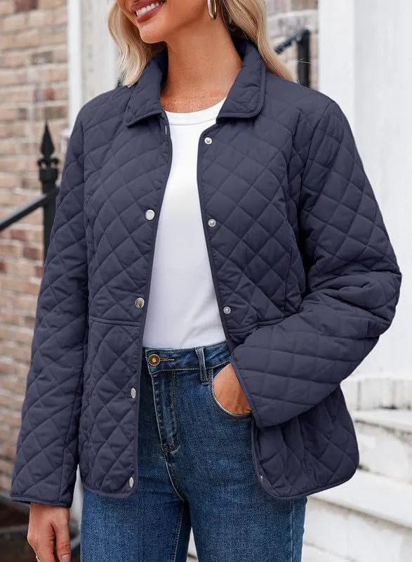 Dokotoo Women's Winter Quilted Jackets Long Sleeve Button Down Diamond Puffer Jacket Outerwear Coats with Pockets