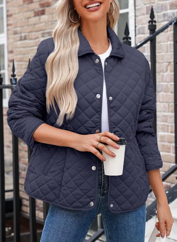 Dokotoo Women's Winter Quilted Jackets Long Sleeve Button Down Diamond Puffer Jacket Outerwear Coats with Pockets