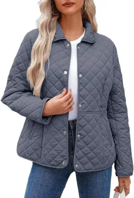 Dokotoo Women's Winter Quilted Jackets Long Sleeve Button Down Diamond Puffer Jacket Outerwear Coats with Pockets