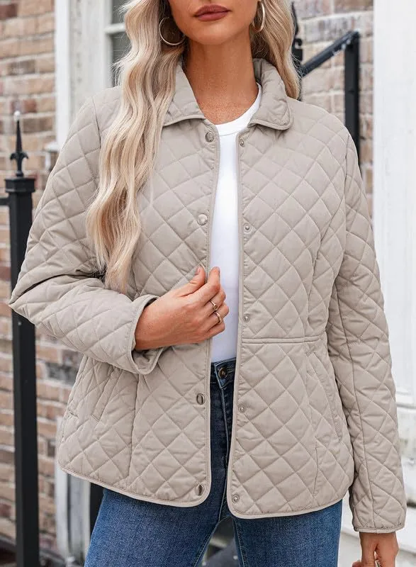 Dokotoo Women's Winter Quilted Jackets Long Sleeve Button Down Diamond Puffer Jacket Outerwear Coats with Pockets