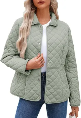 Dokotoo Women's Winter Quilted Jackets Long Sleeve Button Down Diamond Puffer Jacket Outerwear Coats with Pockets