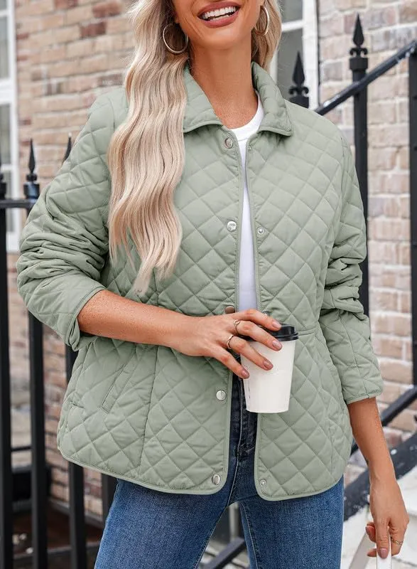 Dokotoo Women's Winter Quilted Jackets Long Sleeve Button Down Diamond Puffer Jacket Outerwear Coats with Pockets