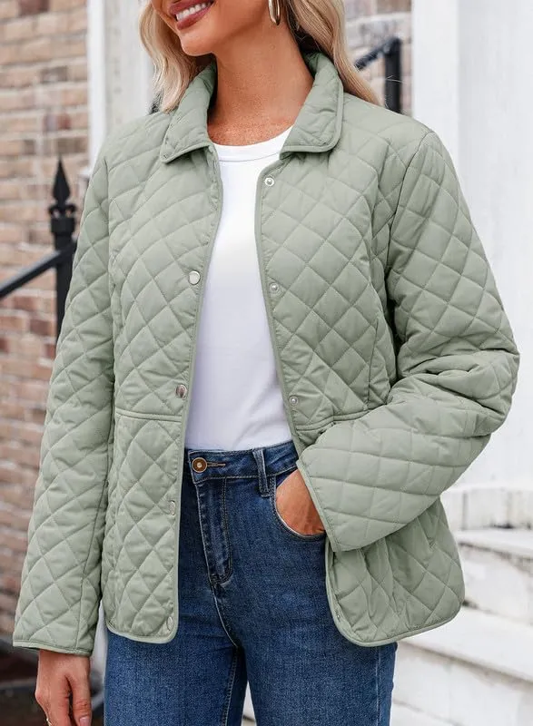 Dokotoo Women's Winter Quilted Jackets Long Sleeve Button Down Diamond Puffer Jacket Outerwear Coats with Pockets