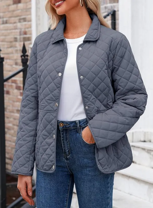 Dokotoo Women's Winter Quilted Jackets Long Sleeve Button Down Diamond Puffer Jacket Outerwear Coats with Pockets