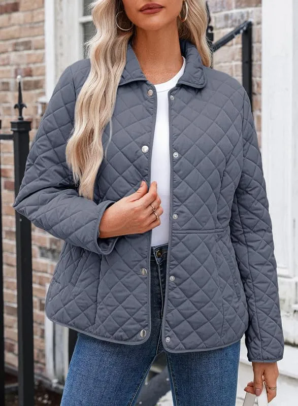Dokotoo Women's Winter Quilted Jackets Long Sleeve Button Down Diamond Puffer Jacket Outerwear Coats with Pockets