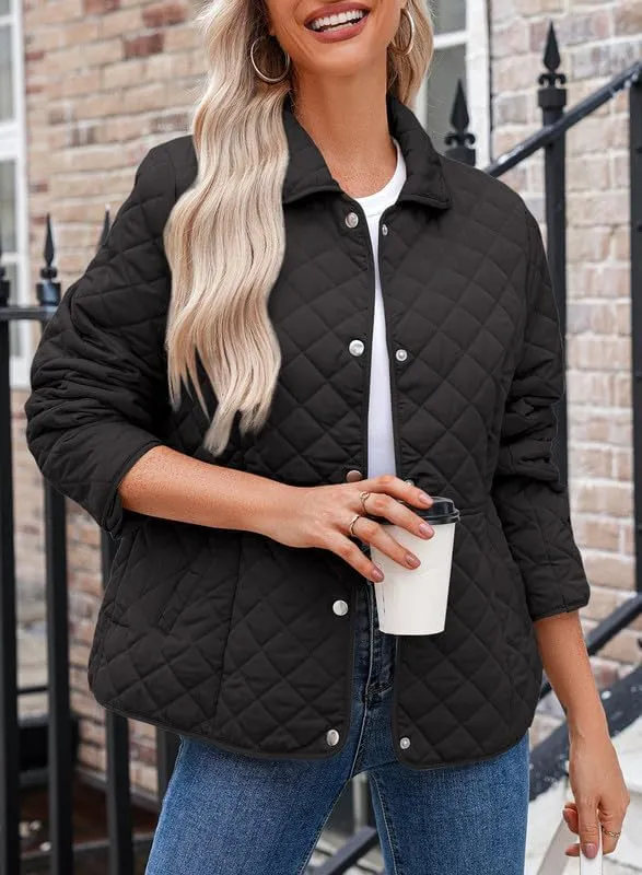 Dokotoo Women's Winter Quilted Jackets Long Sleeve Button Down Diamond Puffer Jacket Outerwear Coats with Pockets