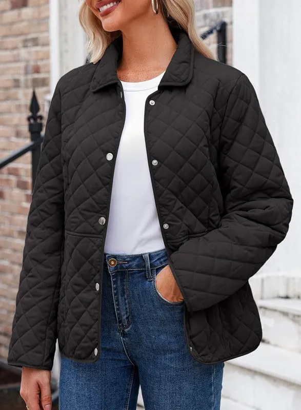 Dokotoo Women's Winter Quilted Jackets Long Sleeve Button Down Diamond Puffer Jacket Outerwear Coats with Pockets
