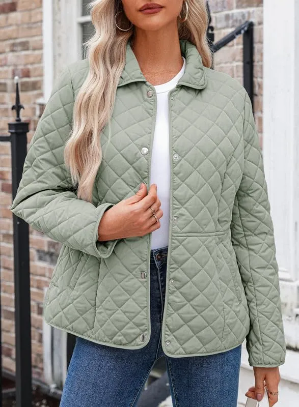 Dokotoo Women's Winter Quilted Jackets Long Sleeve Button Down Diamond Puffer Jacket Outerwear Coats with Pockets