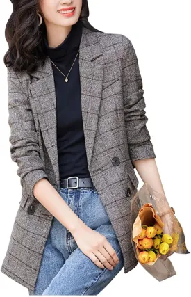 ebossy Women's Notch Lapel 2 Button Boyfriend Blazer Suit Houndstooth Plaid Jacket Coat